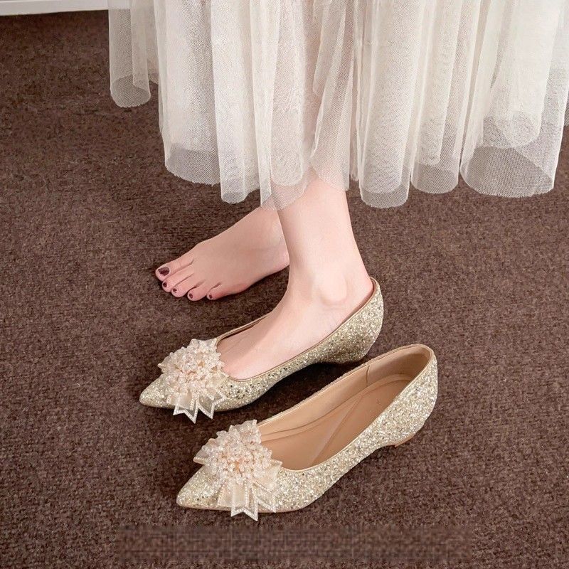 Champagne sequins heightening single shoes show and main wedding dress two wear French bridal shoes can be worn daily bridesmaid shoes