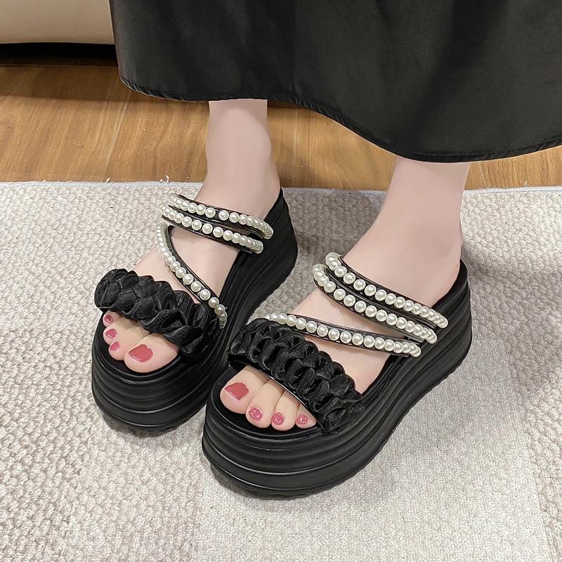 Fashion 9CM Summer Casual High Platform Sandals Women Buckle Strap Slippers Thick Bottom Pearl Sandalias Woman Chunky Beach Shoes Mujer
