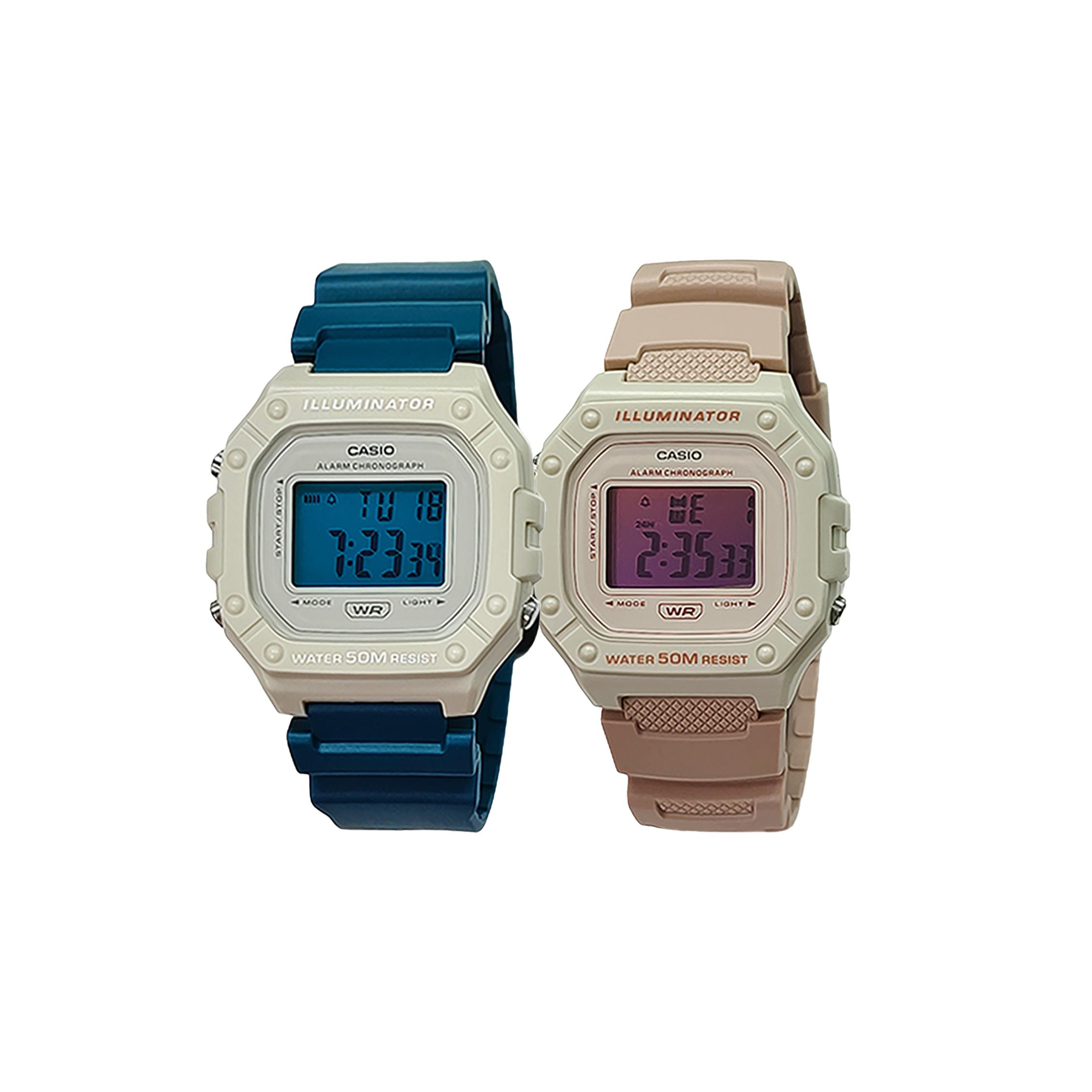 CASIO Custom Collection Quartz Movement Resin Strap Watch Unisex White Dial W-218HC-8AV(Watch5--) Blue Strap+Pink Strap