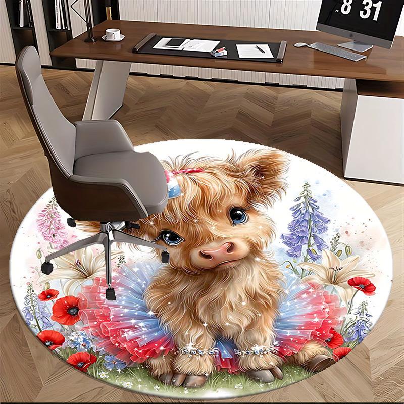 1pc American Flag Cow with Bow Round Carpet Office Chair Mat, Anti Slip Rug for Home Decor, Gift, Office, Living Room, Bedroom