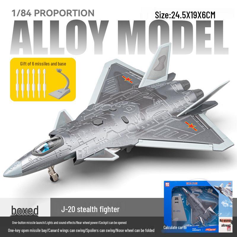 1:84 J-20 Stealth Fighter Alloy Model Toy with Sound & Light, Pull-Back Action, Folding Wings