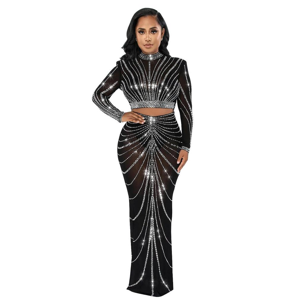 C6028 European & American Fashion Mesh Hot Drill See-through Long Sleeve Dress Two-piece Set for Women