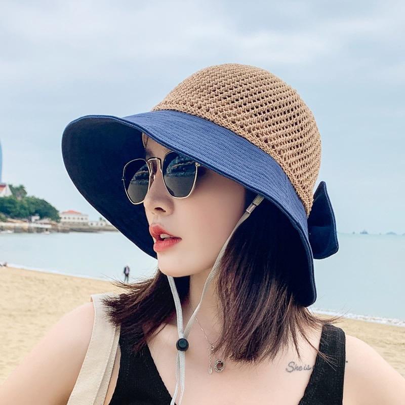 Summer Hats For Women Knitted Breathable Foldable Sun Hat With Bow Sun Protection Sunshade Korean Beach Hat Cap Travel New