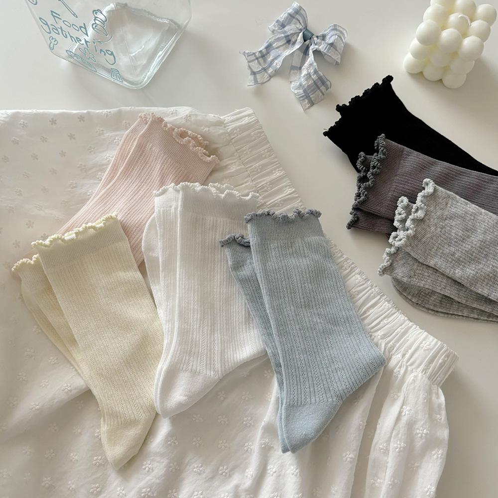 Women's White Ruffled Mesh Crew Socks - Breathable, Sweat-Absorbent, Solid Color, Trendy Summer Style