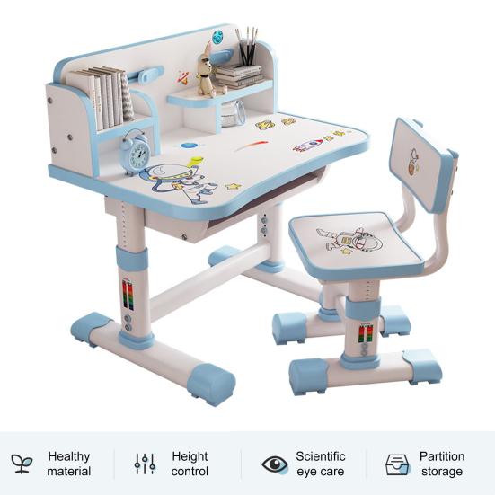 Kids Functional Desk and Chair Set Height Adjustable Children School Study Table Chair Set with Cartoon Pattern Ergonomic Desk Chair (Pink, Blue)