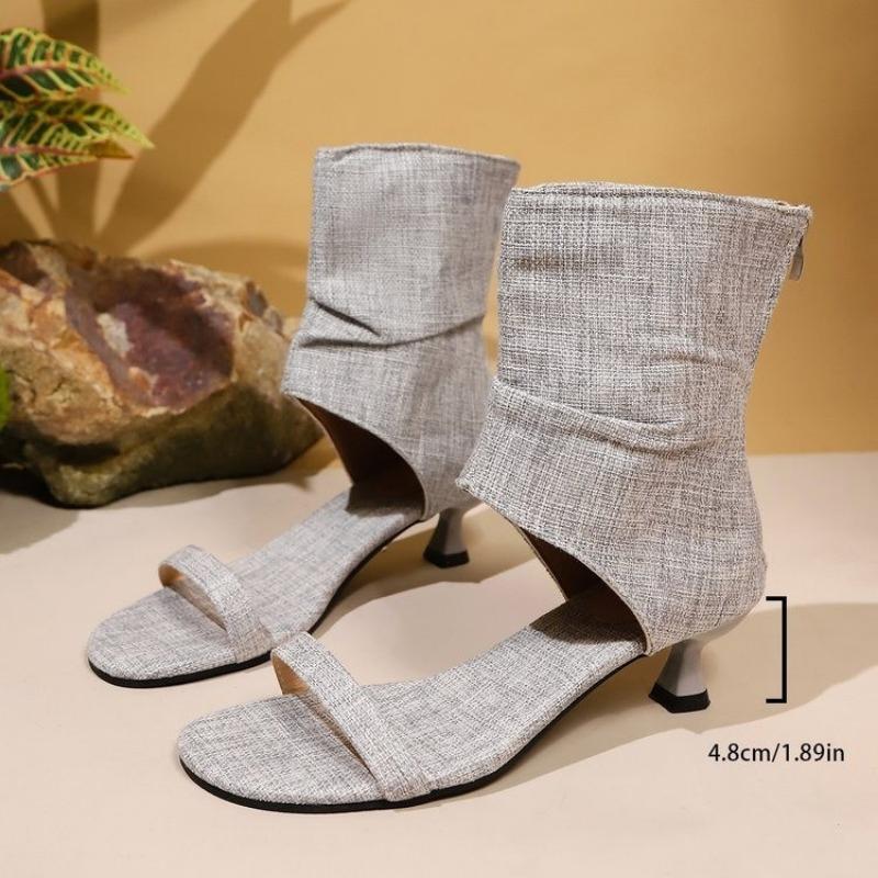 Fashion Cloth Stiletto Sandals Summer New Round Head One Line Belt Bag Heel Back Zipper Anti-slip Wear Heel Shoes