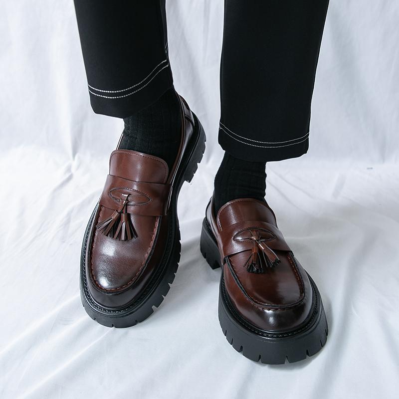 Brand Men's Pointed Business Formal Loafers Leather Shoes Spring New Men's Comfortable Thick Soled Tassel Leather Shoes