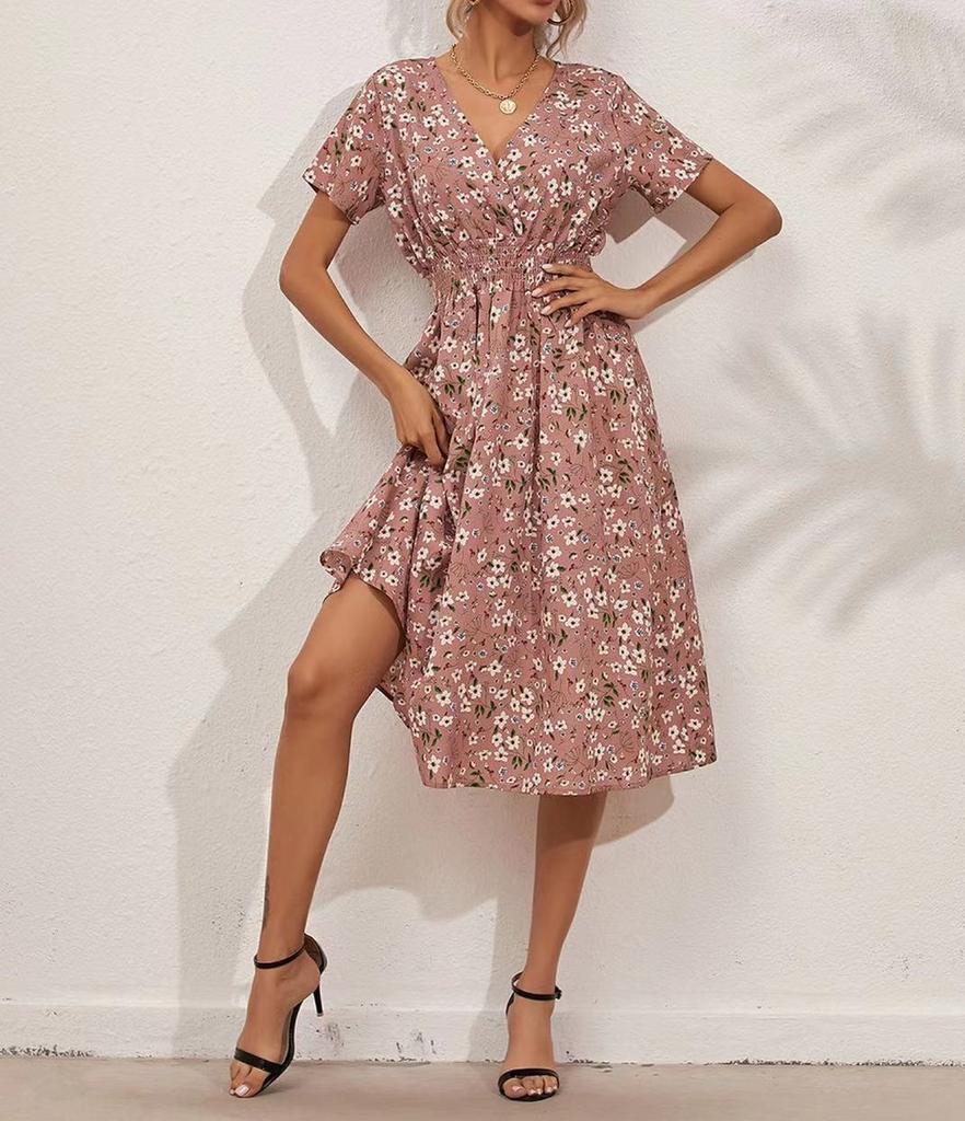 Fashion Women's Casual V-Neck Printed Midi Skirt Elastic Waist Dress