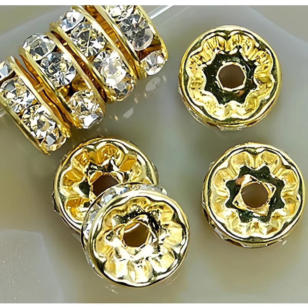 

50/100pcs 6 8 10mm Gold Color Rhinestone Rondelles Crystal Bead Loose Spacer Beads for DIY Jewelry Making Accessories Supplies 6mm x 100pcs золотой