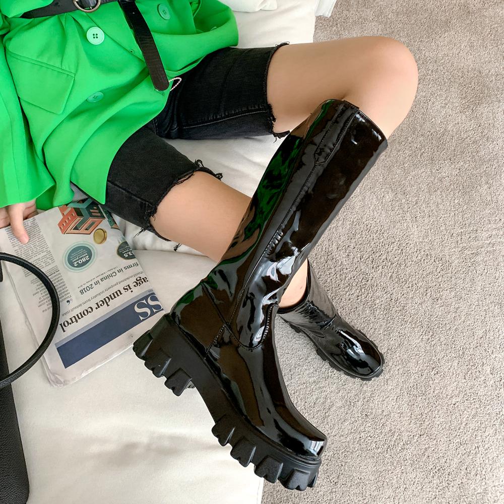 Couro Brilhante Plataforma Alta Impermeável Altura Interna Aumentada Bico Redondo Botas Acima do Joelho Couro Envernizado Salto Plano Plataforma