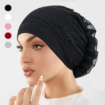 Chapeau Foulard à Bordure Dentelle Chapeau Pullover Élégant Design Floral Hijabs pour Femmes Couvre-Chef pour Femmes
