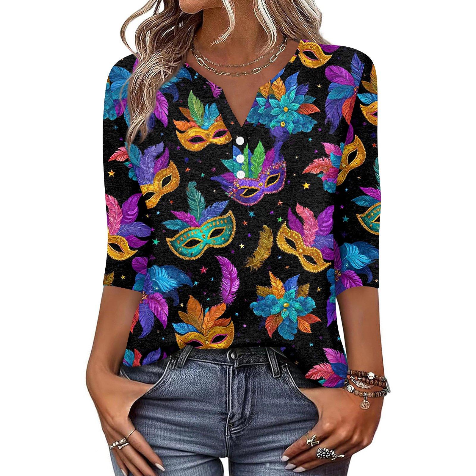 

Women s T Shirt Print Button 3/4 Sleeve Daily Weekend Fashion Basic V- Neck Regular Top L чёрный