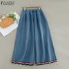 Women Casual Elastic Waist Loose Wide Leg Cropped Pants