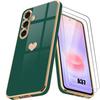 Case + 2 Tempered Glasses for Samsung Galaxy A37 5G, Slim Silicone Shockproof Heart Pattern - Night Green