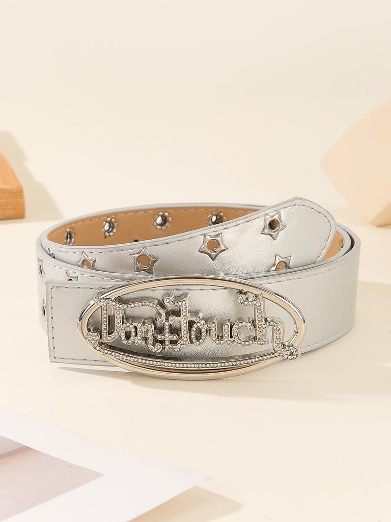 Punk Pu Belt With Letter Design Alloy Buckle And Water Diamond Decor Casual For