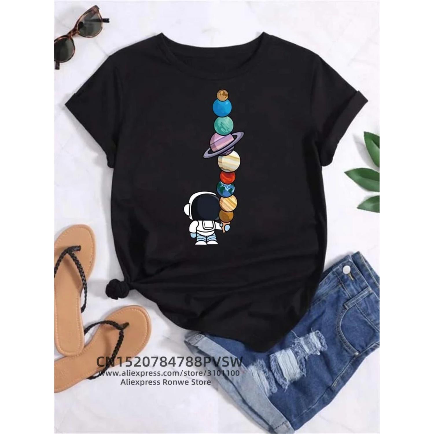 

Moon Space Planet Print Tee Shirts Fashion Funy Casual Round Neck Short Sleeve Streetwear Female Clothes Vintage Tops S чёрный