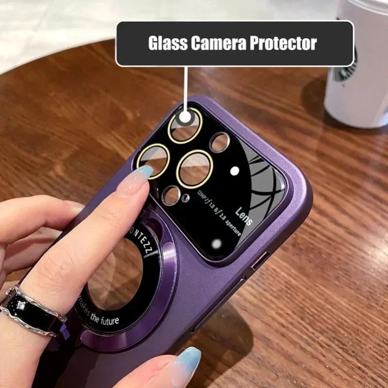 Slim Matte PC Bracket Case For iPhone 15 14 13 12 11 Pro Max 14 Plus For Magsafe Stand Holder Glass Lens Protector Luxury Cover