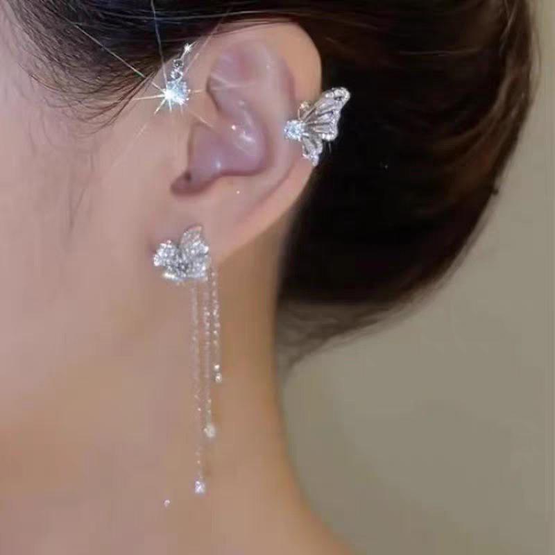 Butterfly Flower Tassel Rhinestone Wing Ear Cuff - No Piercing Clip On