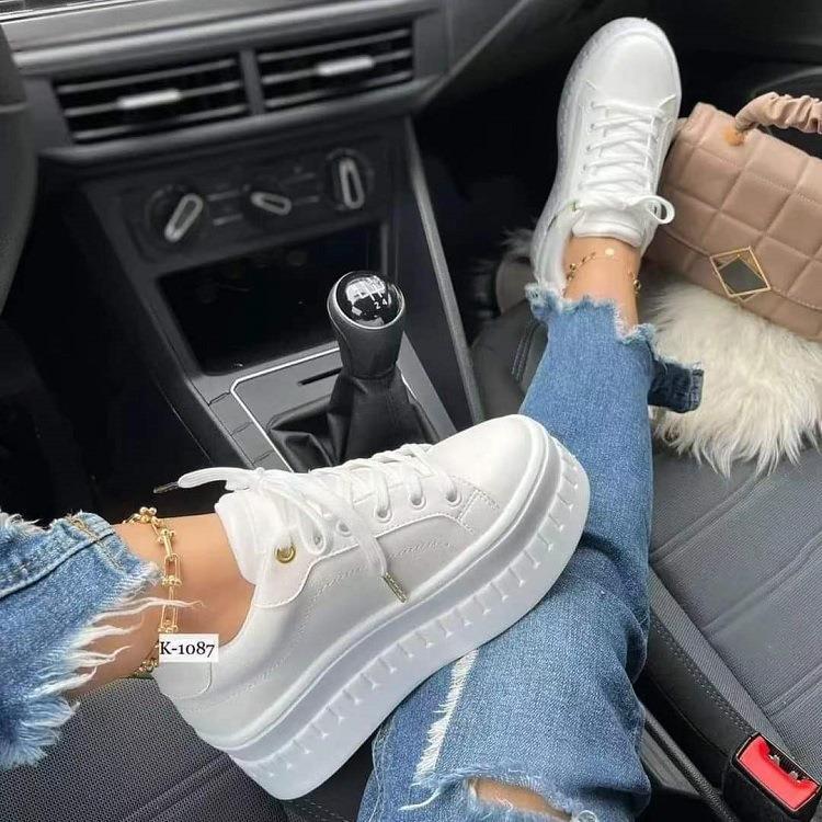 Frauen Leder Plateauschuhe Mode Einfarbig Blockabsatz Sneakers Casual Flache Sportschuhe Designer Schuhe Zapatillas Mujer