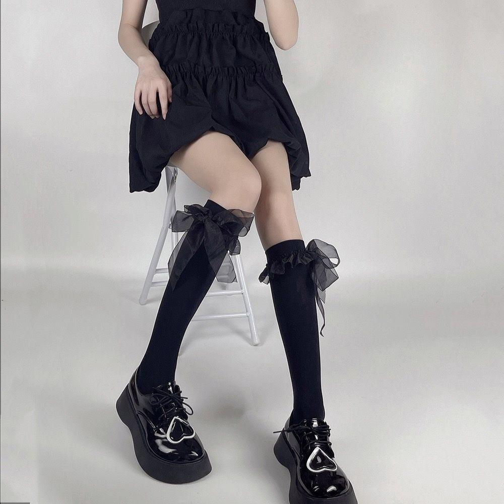 Black Streamer Half-length Stockings Women's Thin Summer Cute Medium Tube Calf Socks Lolita Bow Jk Long Socks