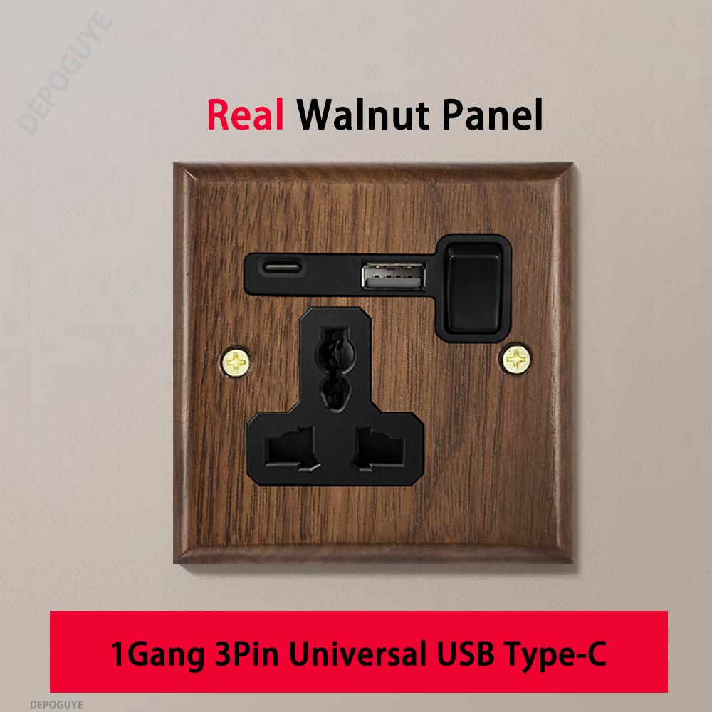 Black Retro Walnut Wall Toggle Switch Panel 1-4Gang 2Way Solid Wood Double EU/FR Socket Universal Usb C Electrical Power Outlet