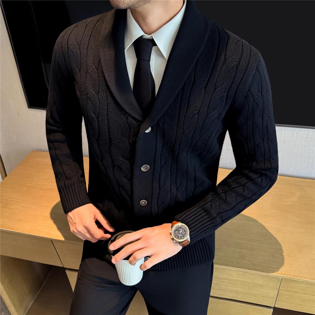 Men's High-End Cable Knit Cardigan Sweater - Light Luxury Old Money Style for Autumn and Winter.