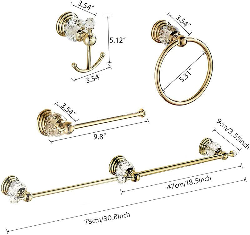 4-teilige Gold Badezimmerzubehör-Sets Messing&Kristall Ausziehbarer Handtuchhalter Wandmontiertes Papierregal Badezimmer-Hardware-Set