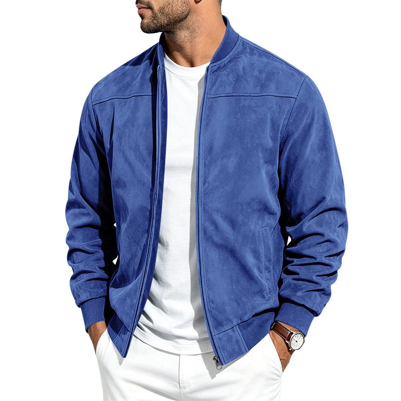 Men's spring-autumn casual jacket in imitation suede, with a round neck and full zipper, a relaxed baseball jacket