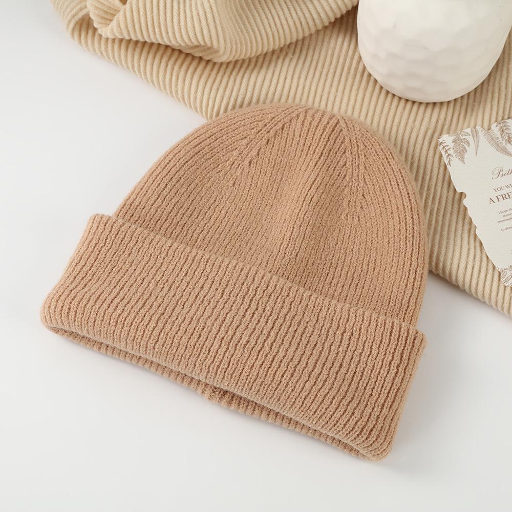 Winter Autumn Thick Knit Hat Solid Color Folded Brim Warm Outdoor Ski Hat