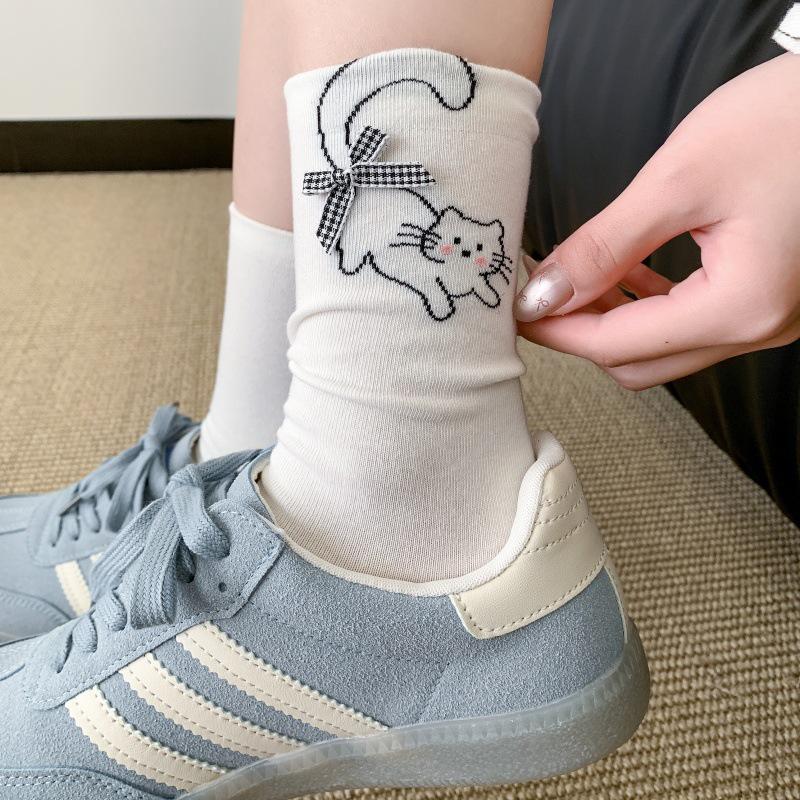 Women's Thin Seamless Cotton Socks - Cartoon Animals & 3D Bow, Mid-Calf Slouch, College Style for Spring & Summer
