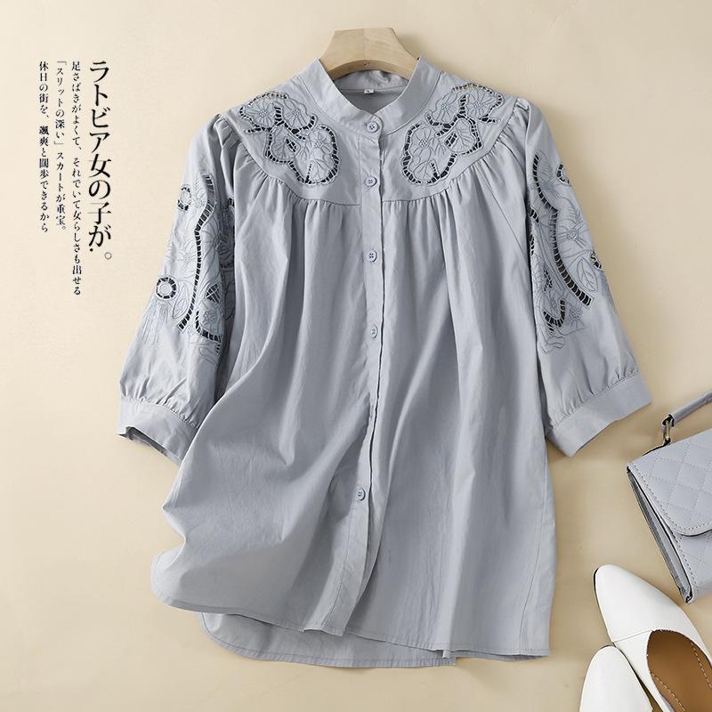 Women S Summer Stand Collar Three Quarter Sleeve Embroidered Loose Casual Blouse M зелёный