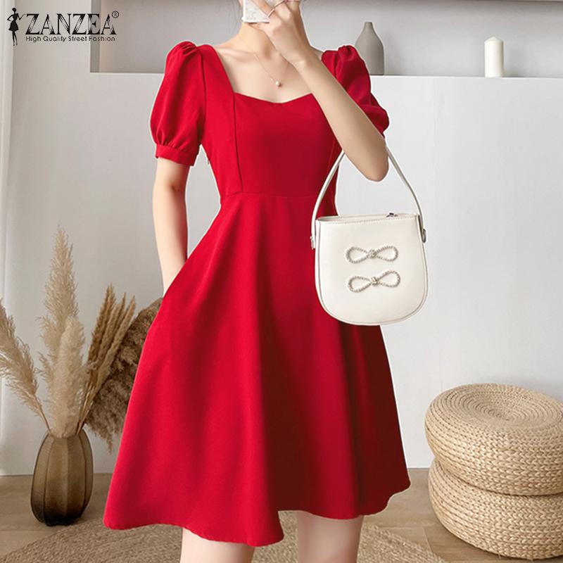 

ZANZEA Женская мода Квадратный воротник Пышный рукав Платье Лето Slim Fit Вечеринка Короткое платье