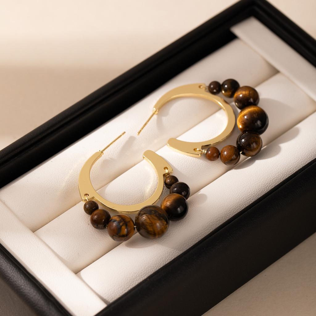 Vintage Court Style Tiger'S Eye Stone C-Ring Earrings Amber Personality Niche Design Temperament Earrings Women