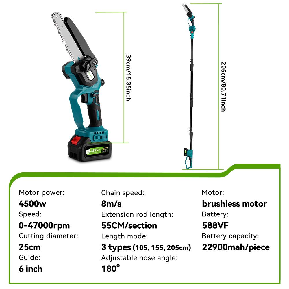 ONEGREEN Drujba electrică telescopică fără perii de 4500W 6 inch 205CM Reîncărcabilă unealtă electrică de grădinărit pentru baterie de 18V