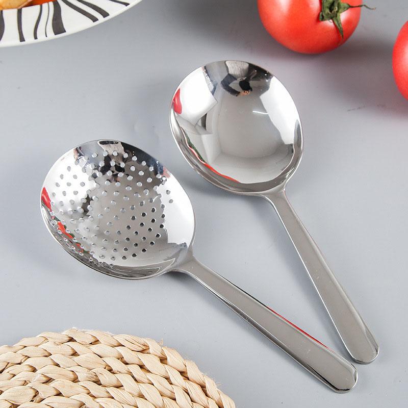 Short Handle Large Round Stainless Steel Spoon - Heat Resistant Multipurpose Kitchen Ladle for Soup, Rice,Pasta with Drain Holes