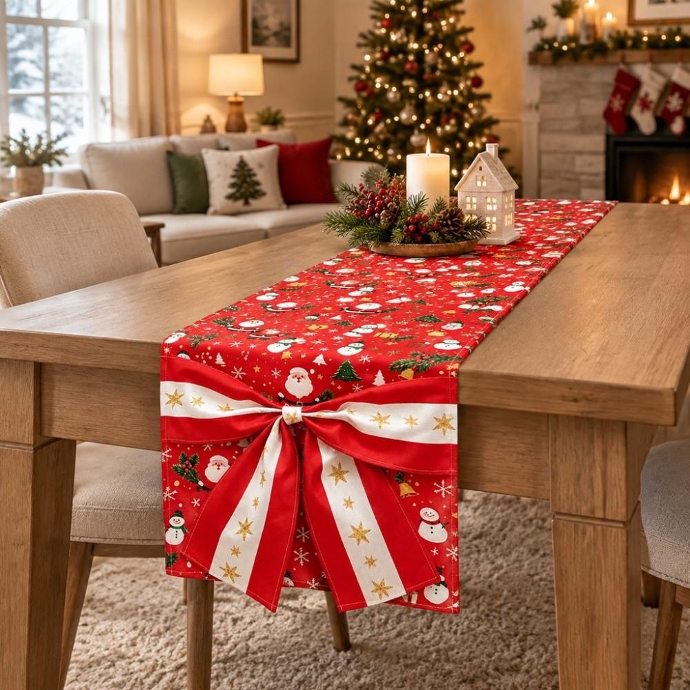 Bows Accents Holiday Table Runner Golden Accents Festive Table Decoration Winter Xmas