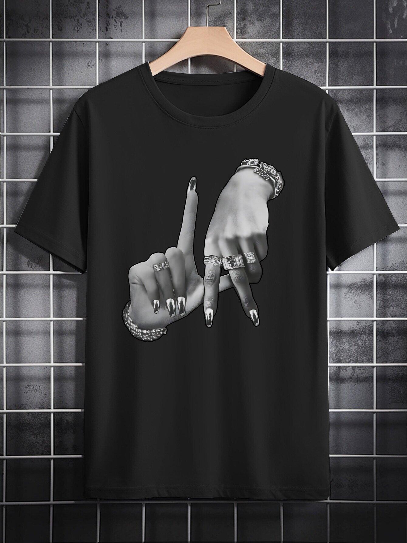 Casual Graphic T-shirt - Black Crew Neck Tee with Stylish Print Design S