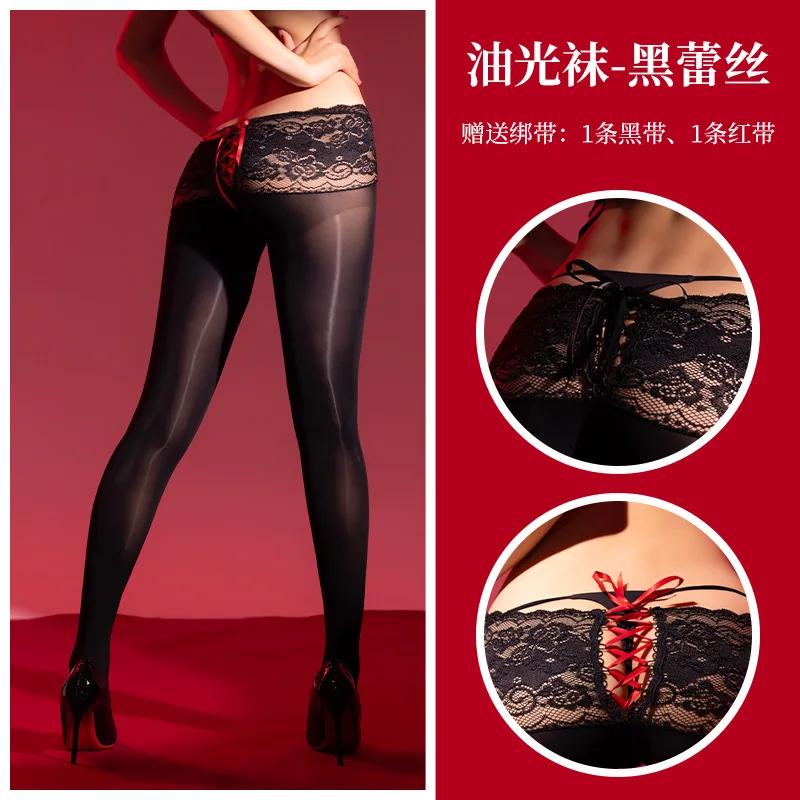 Fashion Bandage Pantyhose Sexy Lace Waist Low Oil Shiny Glossy Tights Woman Lingerie High Elastic Vintage Panties Pantyhose