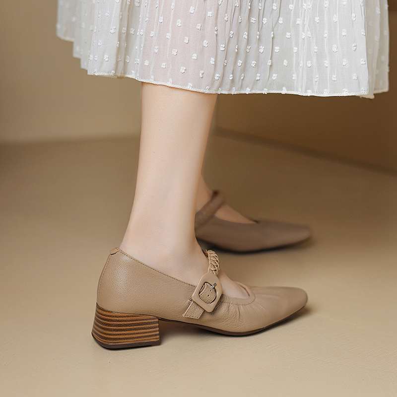 Krazing Pot Sheep Skin Summer Spring Autumn Med Heels Buckle Straps Women Square Toe Shallow Pumps