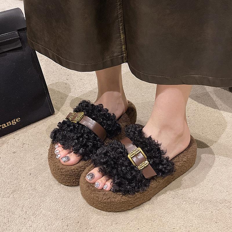 Curly Hair Thick-soled Fluffy Slippers Women's Outer Wear 2025 Autumn and Winter New Korean Version Soft-soled One-word Mop Versatile Casual Cotton Mo