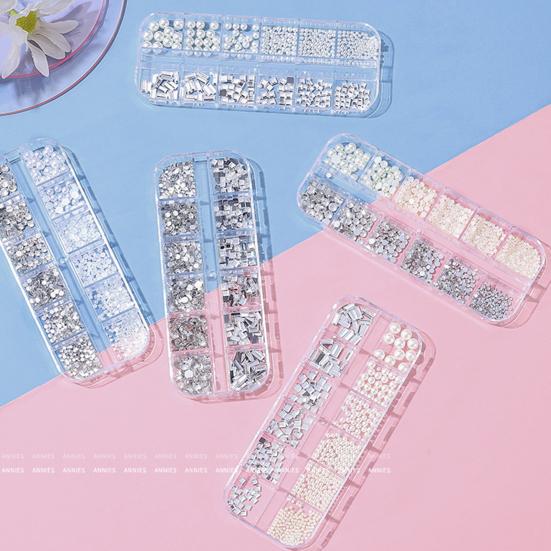 12Grids/Box Flat Back Nail Art Rhinestone 3D Effect Faux Pearl Style Round Glitters DIY Nail Rhinestones