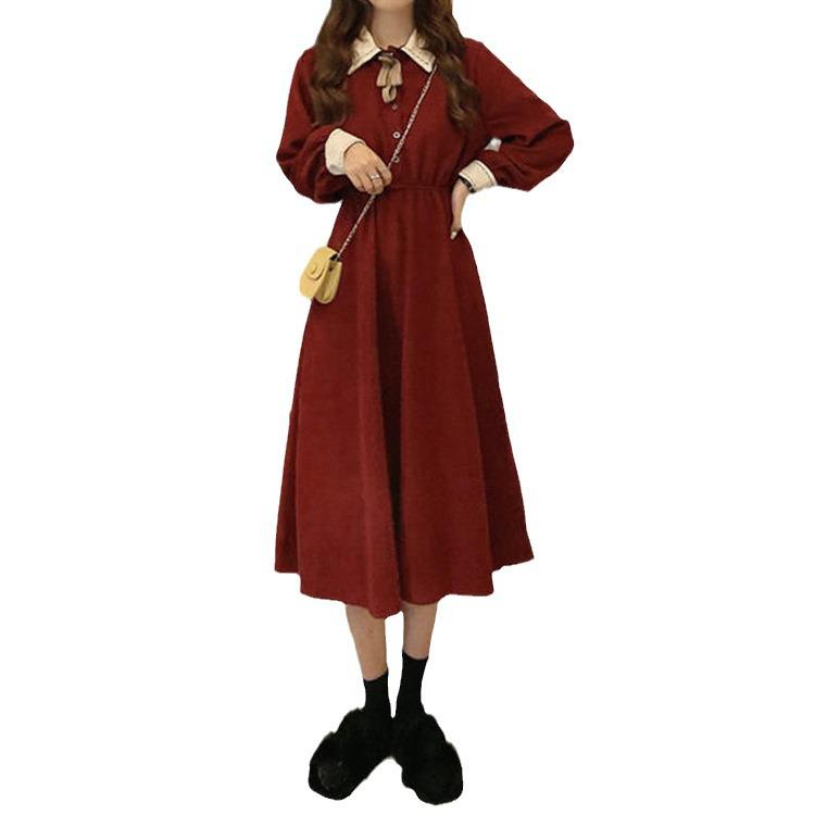 Women's Autumn Forest Retro Stitching Polo Collar Dress - Long Sleeve, Waist Slimming, Mid-Length Skirt