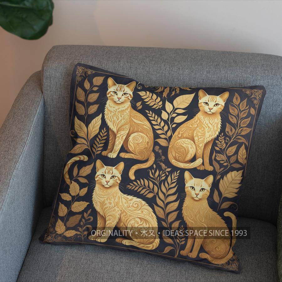 2D Golden Cats On Berry Branches Pillow Cover Pattern Cushion Cover Suitable For Sofa Bedroom Car Pillow Cover