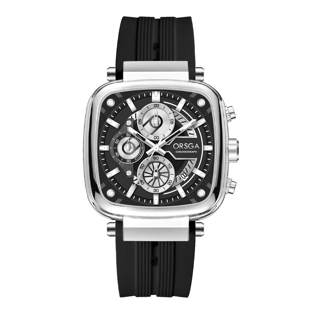 Mens Square Chronograph Watches Waterproof Luminous Quartz Wrist Watch with Silicone Strap