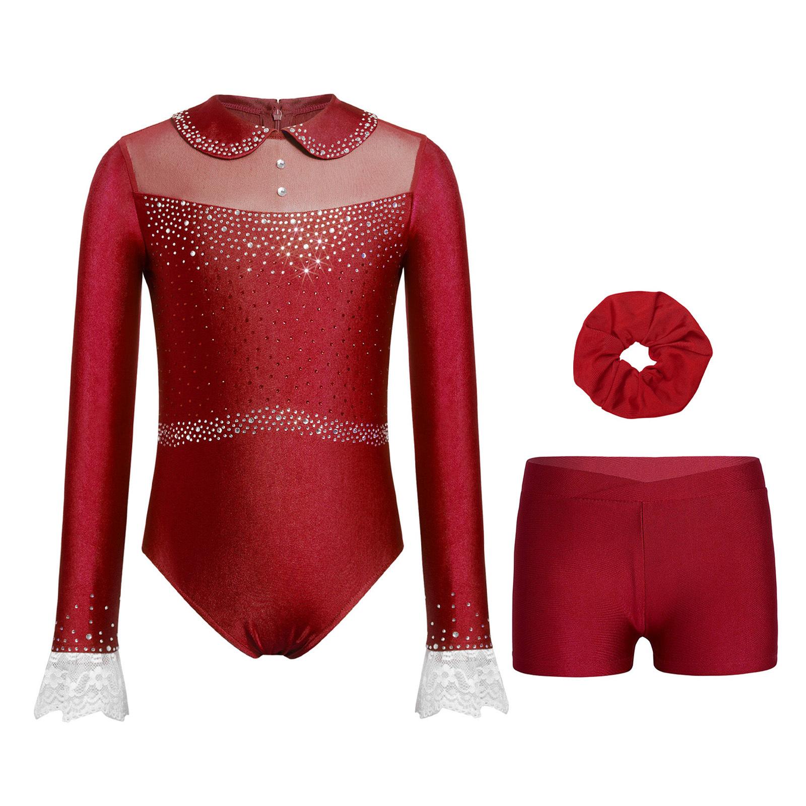 

Girls Sparkle Rhinestone Leotard Long Sleeve Mesh Back Lace Cuffs Invisible Zipper Shorts Hairband Skating Outfit 5-6 Years бордовий