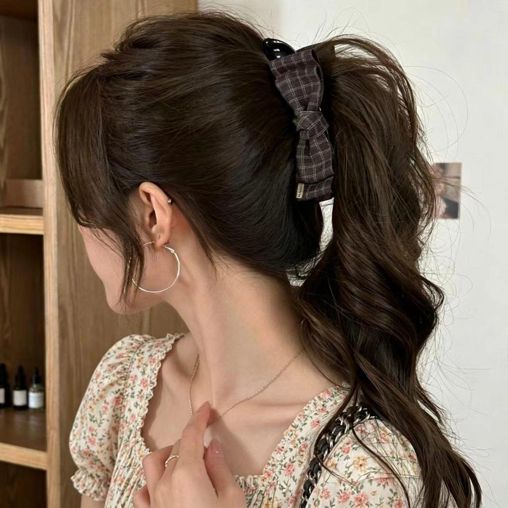 Korean Style Plaid Bow Banana Clip for Women - High Ponytail Claw Clip Hair Accessory