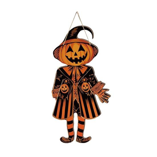 Vintage Halloween Pumpkin Door Sign Spooky Felt Pumpkin Man Hanging Welcome Sign Retro Wall Door Hanger for Farmhouse Home Decor