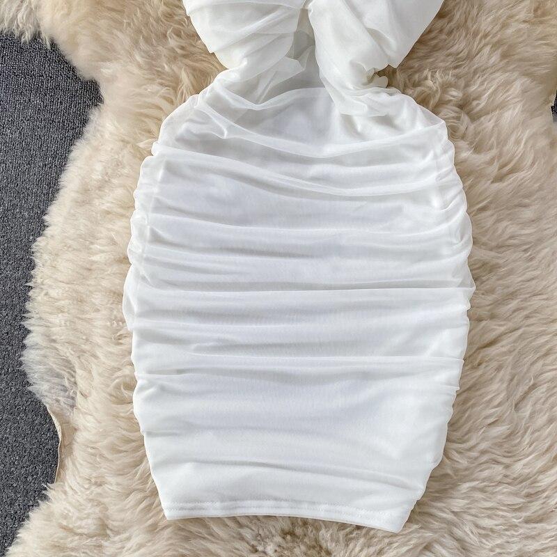 Sexy Short Sleeved High Waist Slimming Pleated Square Collar Wrapped Hip Dress