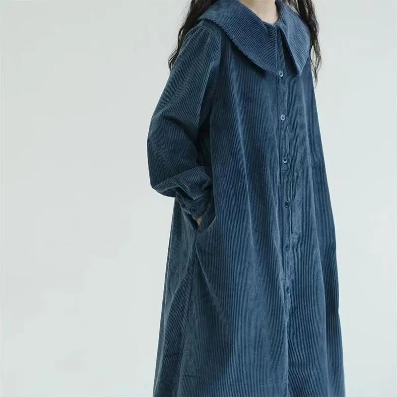 Women's Long Corduroy Dress New Spring Autumn Retro Fashion Ladies Dresses Single-Breasted Windbreaker Outerwear Female