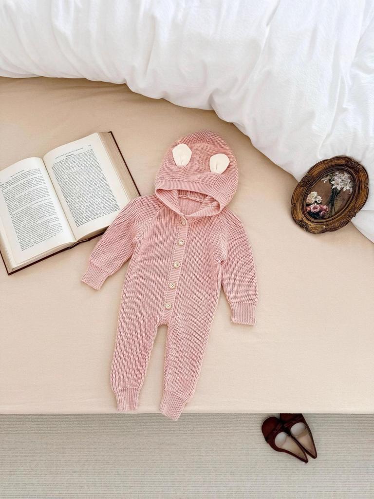 Korean Style Unisex Baby Romper with Bunny Ear Hood - Autumn/Winter Cotton Suit